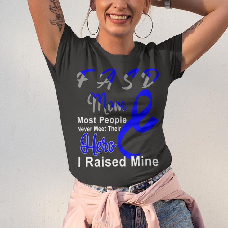 Fasd Mom Most People Never Meet Their Hero I Raised Mine Blue And Grey Ribbon Fetal Alcohol Spectrum Disorder Fetal Alcohol Spectrum Disorder Awareness Unisex Jersey Short Sleeve Crewneck Tshirt