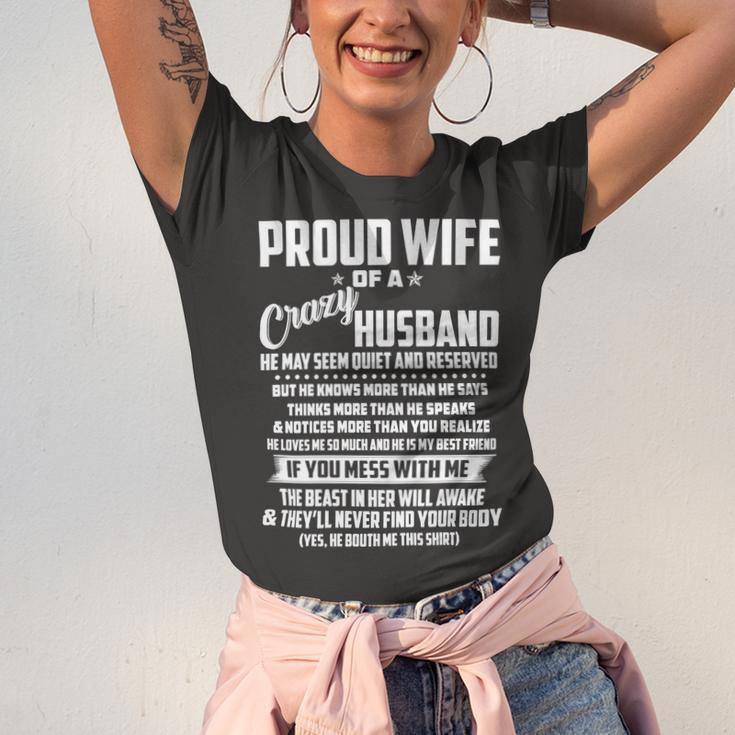 Father Grandpa I Am A Proud Wife Of A Crazy Husband He May Seem Quiet And Reserved104 Family Dad Unisex Jersey Short Sleeve Crewneck Tshirt