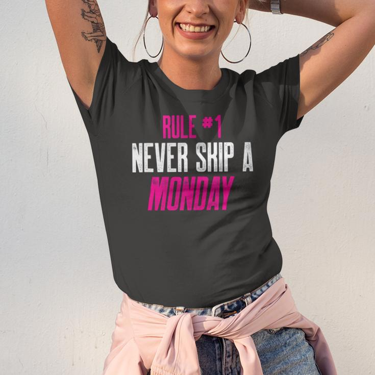 Fitness Gym Inspiration Quote Rule 1 Never Skip A Monday Jersey T-Shirt