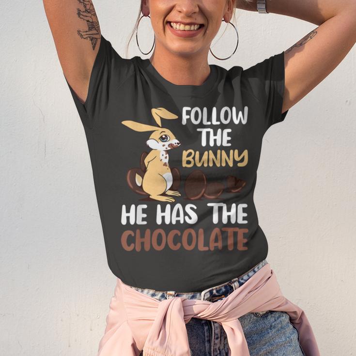 Follow The Bunny He Has Chocolate Unisex Jersey Short Sleeve Crewneck Tshirt