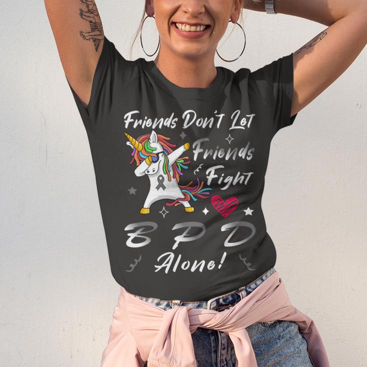 Friends Dont Let Friends Fight Borderline Personality Disorder Bpd Alone Unicorn Grey Ribbon Borderline Personality Disorder Bpd Awareness Unisex Jersey Short Sleeve Crewneck Tshirt