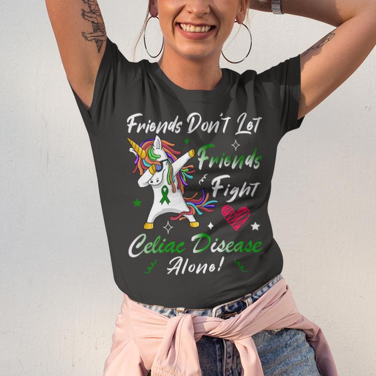 Friends Dont Let Friends Fight Celiac Disease Alone Unicorn Green Ribbon Celiac Disease Celiac Disease Awareness Unisex Jersey Short Sleeve Crewneck Tshirt