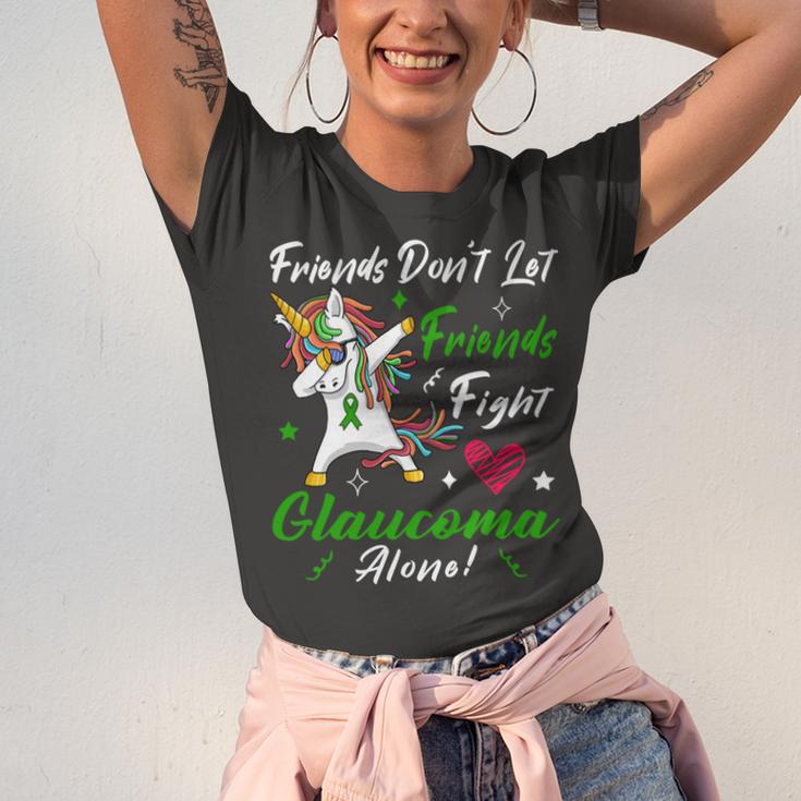 Friends Dont Let Friends Fight Glaucoma Alone Unicorn Green Ribbon Glaucoma Glaucoma Awareness Unisex Jersey Short Sleeve Crewneck Tshirt