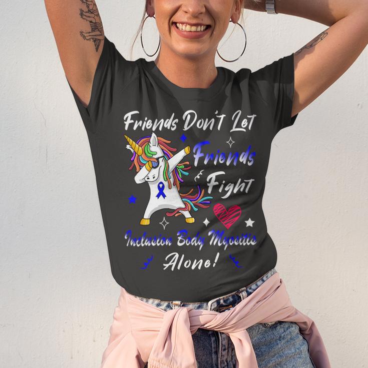 Friends Dont Let Friends Fight Ibm Alone Unicorn Blue Ribbon Inclusion Body Myositis Inclusion Body Myositis Awareness Unisex Jersey Short Sleeve Crewneck Tshirt