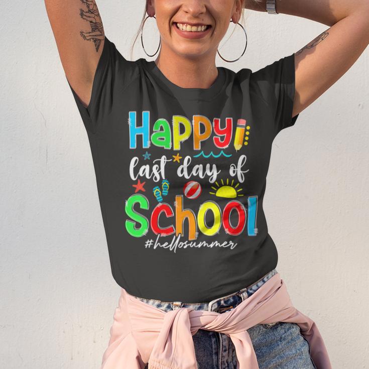 Funny Happy Last Day Of School Hello Summer Multicolored Unisex Jersey Short Sleeve Crewneck Tshirt