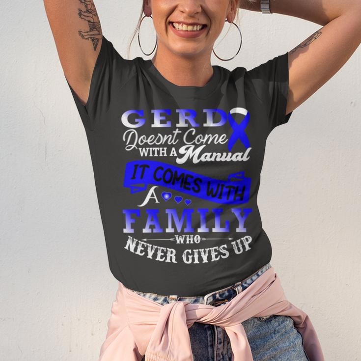 Gerd Doesnt Come With A Manual It Comes With A Family Who Never Gives Up Periwinkle Blue Ribbon Gastroesophageal Reflux Disease Gerd Awareness Unisex Jersey Short Sleeve Crewneck Tshirt