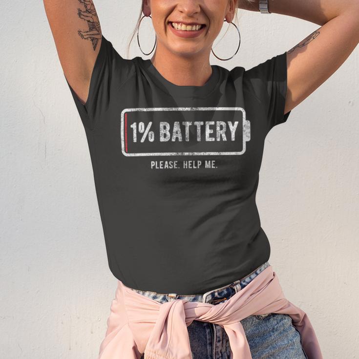 Mens 1 Battery Please Help Me Tshirt Funny Running On Empty 172 Trending Shirt Unisex Jersey Short Sleeve Crewneck Tshirt