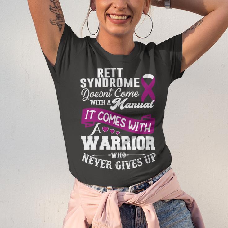 Rett Syndrome Doesnt Come With A Manual It Comes With A Warrior Who Never Gives Up Purple Ribbon Rett Syndrome Rett Syndrome Awareness Unisex Jersey Short Sleeve Crewneck Tshirt