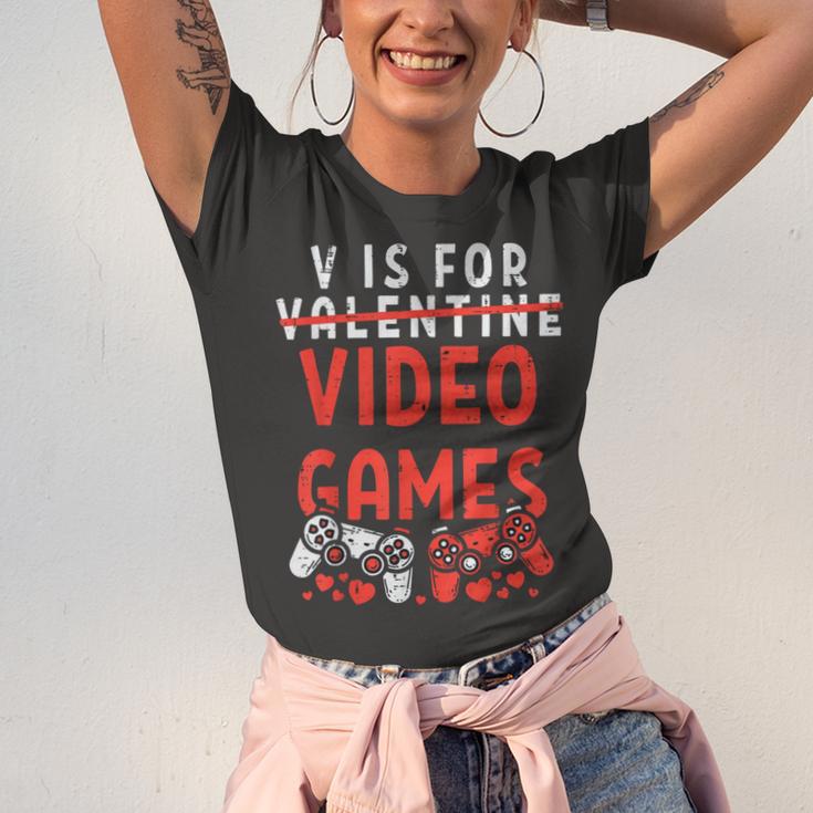 V Is For Video Games Funny Valentines Day Gamer Boy 583 Trending Shirt Unisex Jersey Short Sleeve Crewneck Tshirt