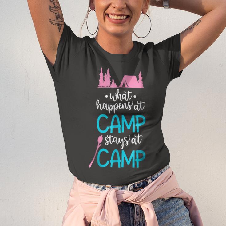 What Happens At Camp Stays At Camp Shirt Kids Camping Pink Unisex Jersey Short Sleeve Crewneck Tshirt