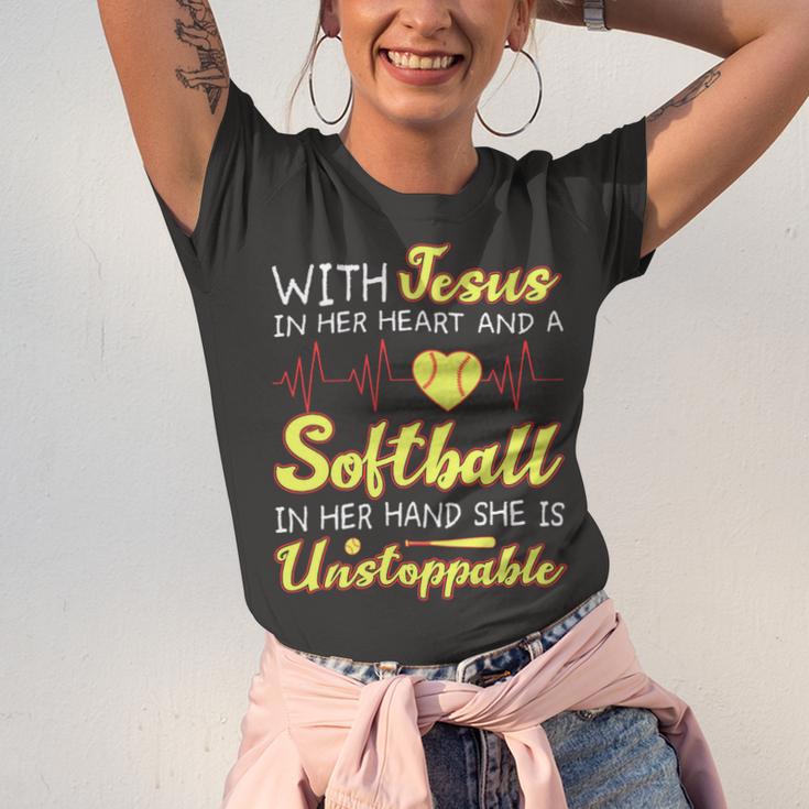 With Jesus In Her Heart And A Softball In Her Hand She Is Unstoppable A Unisex Jersey Short Sleeve Crewneck Tshirt