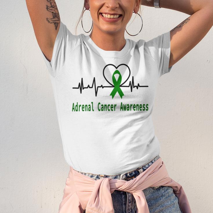 Adrenal Cancer Awareness Heartbeat Green Ribbon Adrenal Cancer Adrenal Cancer Awareness Unisex Jersey Short Sleeve Crewneck Tshirt