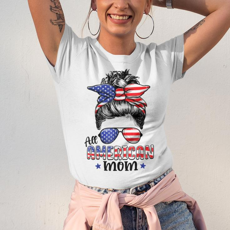 All American Mom Messy Bun Women 4Th Of July Patriotic Mom Unisex Jersey Short Sleeve Crewneck Tshirt