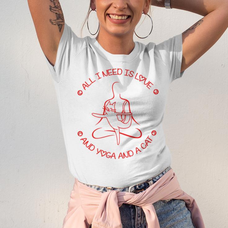 All I Need Is Love And Yoga And A Cat Lovers Gift For Yoga Lovers Red Unisex Jersey Short Sleeve Crewneck Tshirt