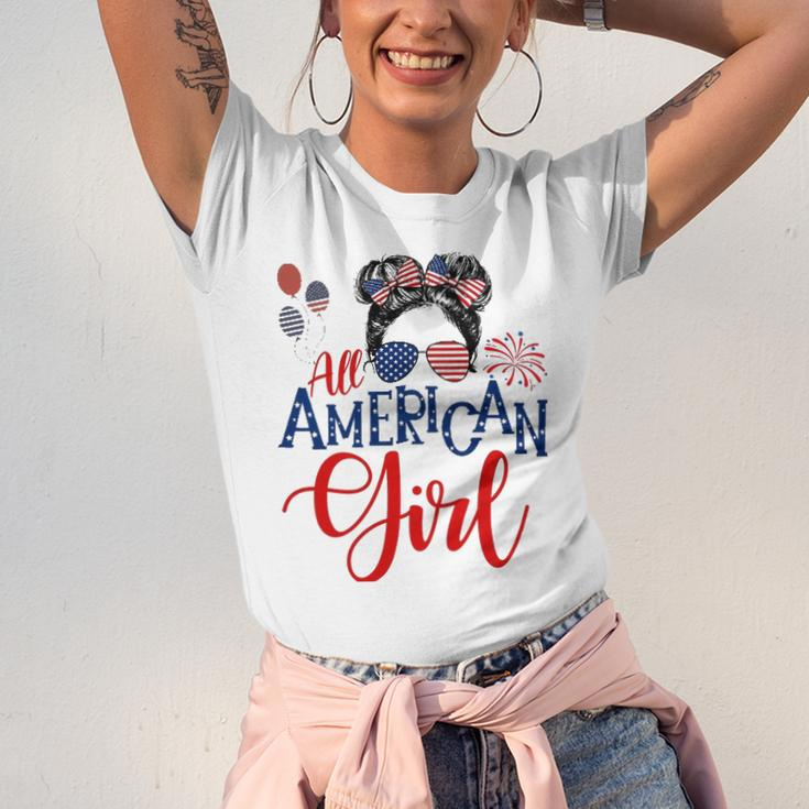 All American Girl 4Th Of July Messy Bun Sunglasses Usa Flag Jersey T-Shirt