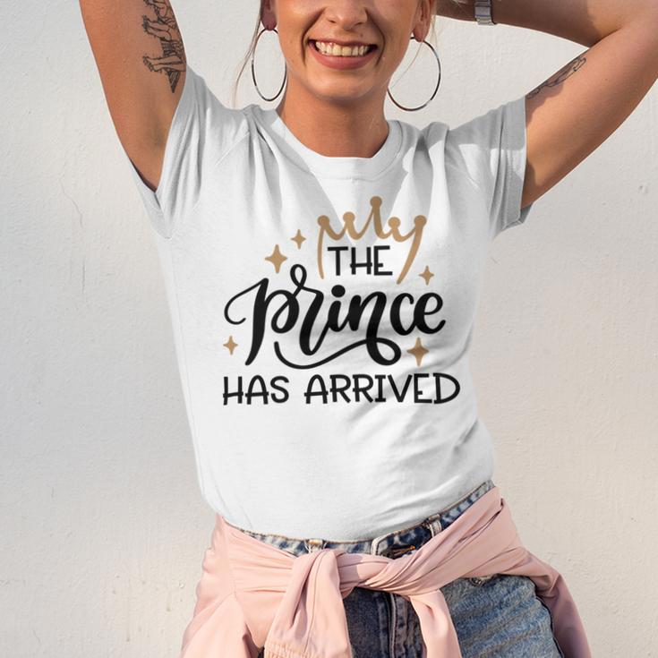 Baby Shower Text Design The Prince Has Arrived Unisex Jersey Short Sleeve Crewneck Tshirt