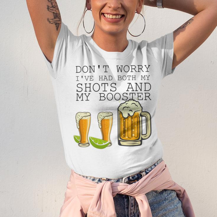 Beer Drinking Dont Worry Ive Had Both My Shots And Booster V2 Unisex Jersey Short Sleeve Crewneck Tshirt