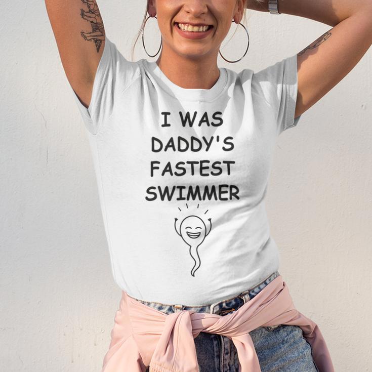 Copy Of I Was Daddys Fastest Swimmer Funny Baby Gift Funny Pregnancy Gift Funny Baby Shower Gift Unisex Jersey Short Sleeve Crewneck Tshirt