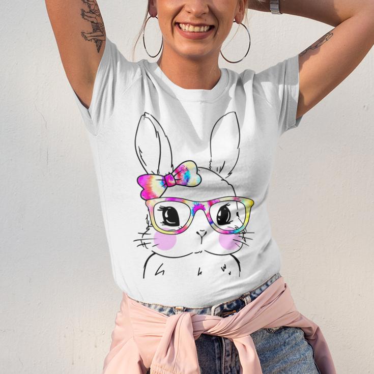 Cute Bunny Rabbit Face Tie Dye Glasses Girl Happy Easter Day Unisex Jersey Short Sleeve Crewneck Tshirt