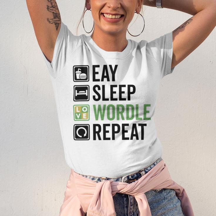 Eat Eat Sleep Wordle Repeat Wordle Lover Wordle Addict Unisex Jersey Short Sleeve Crewneck Tshirt