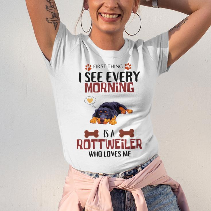 First Thing See Every Morning Is A Rottweiler Who Loves Me Unisex Jersey Short Sleeve Crewneck Tshirt