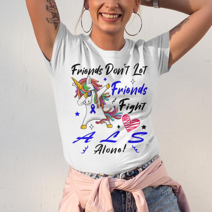 Friends Dont Let Friends Fight Als Alone Unicorn Blue Ribbon Amyotrophic Lateral Sclerosis Support Als Awareness Unisex Jersey Short Sleeve Crewneck Tshirt