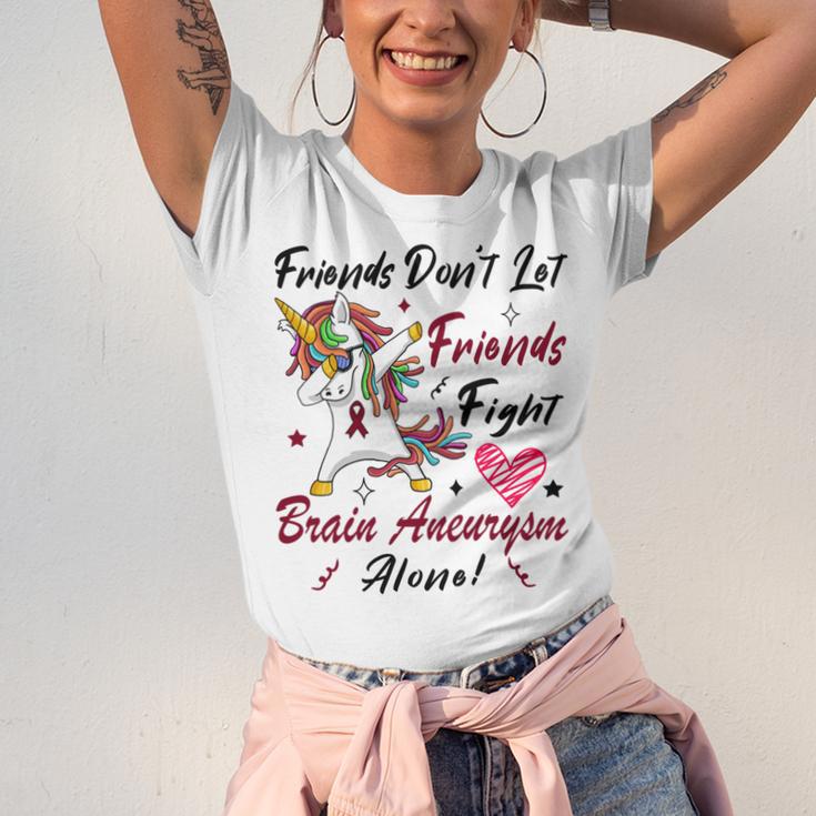 Friends Dont Let Friends Fight Brain Aneurysm Alone Unicorn Burgundy Ribbon Brain Aneurysm Bpd Brain Aneurysm Unisex Jersey Short Sleeve Crewneck Tshirt