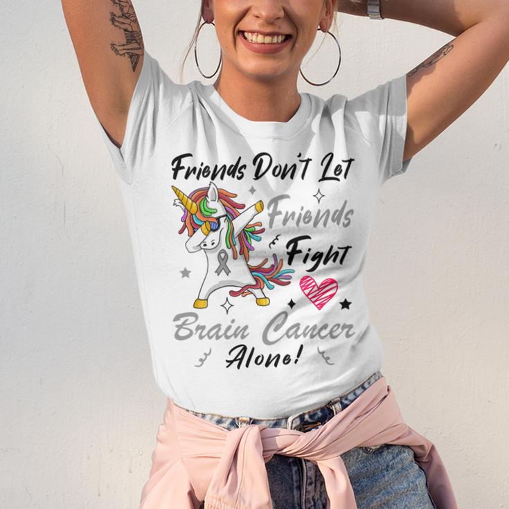 Friends Dont Let Friends Fight Brain Cancer Alone Unicorn Grey Ribbon Brain Cancer Brain Cancer Awareness Unisex Jersey Short Sleeve Crewneck Tshirt