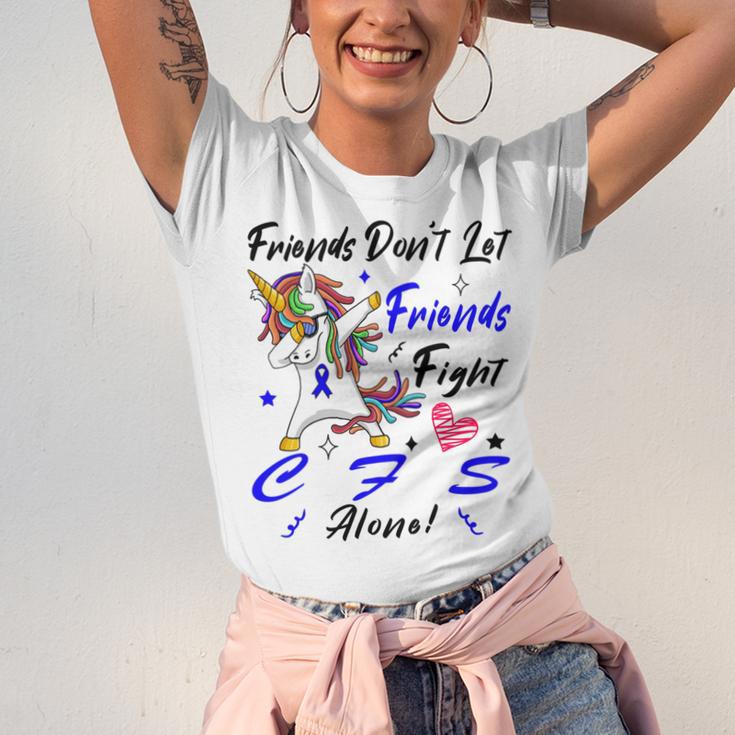 Friends Dont Let Friends Fight Chronic Fatigue Syndrome Cfs Alone Unicorn Blue Ribbon Chronic Fatigue Syndrome Support Cfs Awareness Unisex Jersey Short Sleeve Crewneck Tshirt