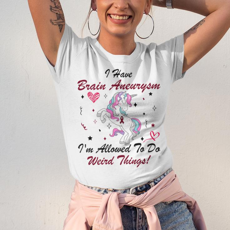 I Have Brain Aneurysm Im Allowed To Do Weird Things Unicorn Burgundy Ribbon Brain Aneurysm Bpd Brain Aneurysm Unisex Jersey Short Sleeve Crewneck Tshirt