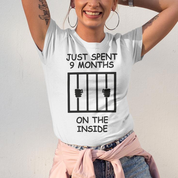 Just Spent 9 Months On The Inside Funny Baby Gift Funny Pregnancy Gift Funny Baby Shower Gift Unisex Jersey Short Sleeve Crewneck Tshirt