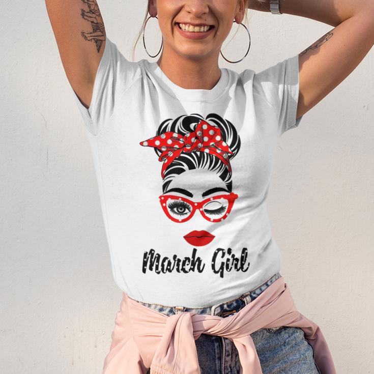 March Girl Women Face Wink Eye Bandana Birthday Gifts 548 Trending Shirt Unisex Jersey Short Sleeve Crewneck Tshirt