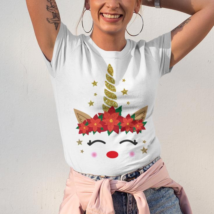 New Christmas Unicorn Face Santicorn Poinsettia Crown Cute Unisex Jersey Short Sleeve Crewneck Tshirt