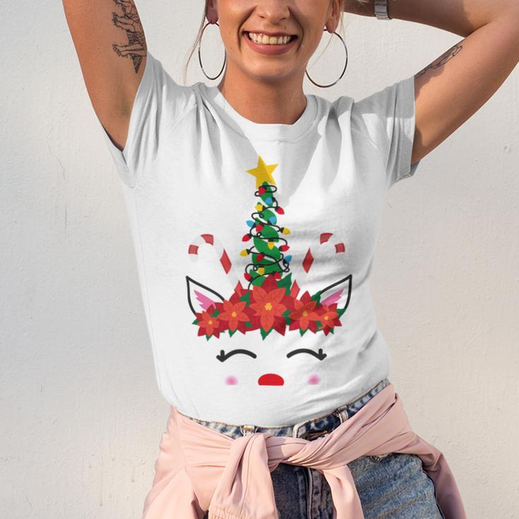 New Christmas Unicorn Face Santicorn Poinsettia Crown Cute V2 Unisex Jersey Short Sleeve Crewneck Tshirt