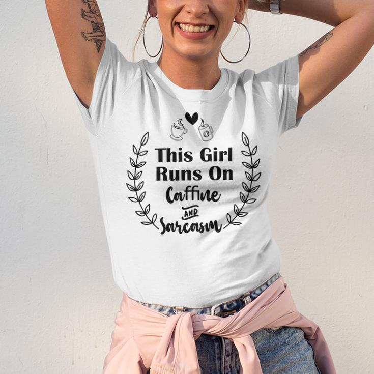 Official This Girl Runs On Caffeine And Sarcasm Unisex Jersey Short Sleeve Crewneck Tshirt