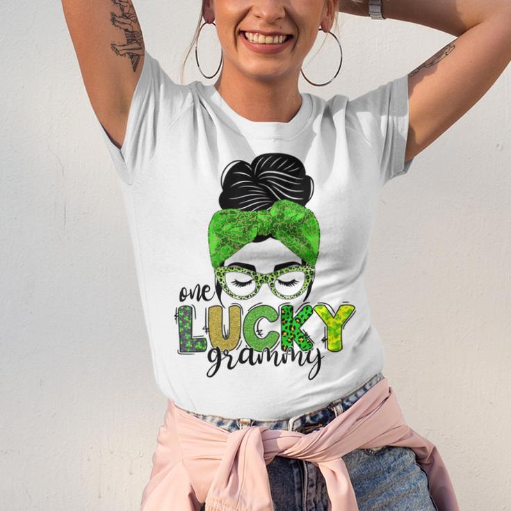 One Lucky Grammy Life Messy Bun St Patricks Day Irish Unisex Jersey Short Sleeve Crewneck Tshirt