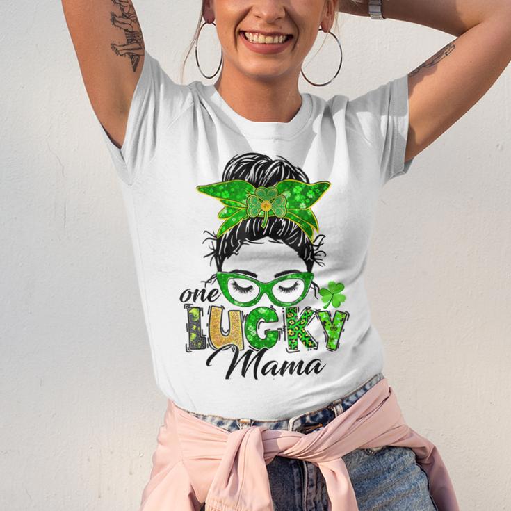 One Lucky Mama St Patricks Day Irish Shamrock Messy Bun Mom Unisex Jersey Short Sleeve Crewneck Tshirt