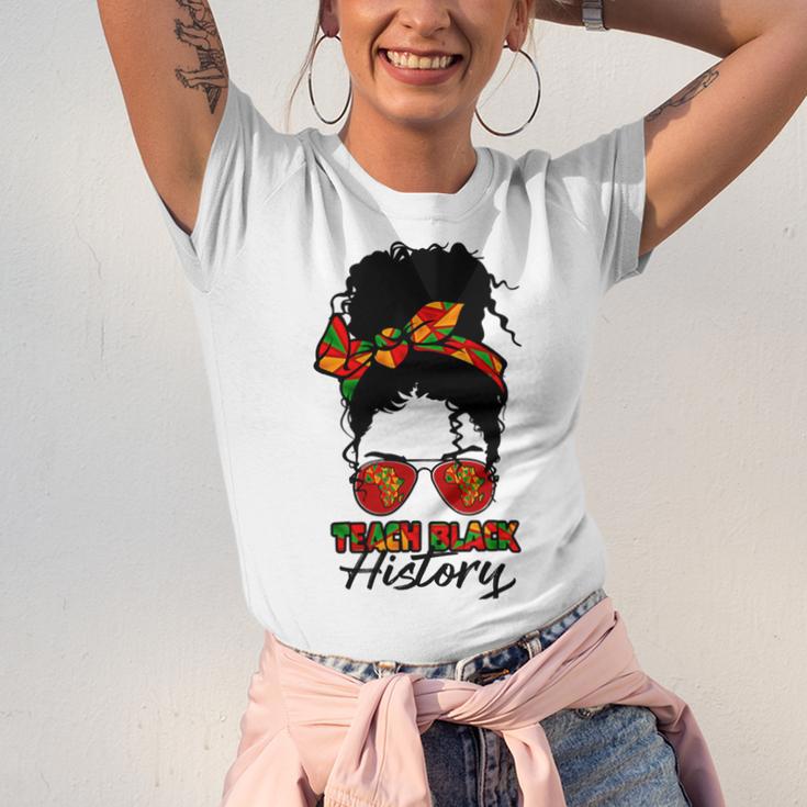 Teacher African Women Messy Bun Teach Black History Month Unisex Jersey Short Sleeve Crewneck Tshirt