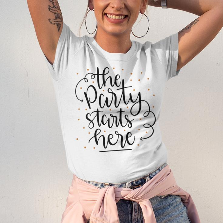 The Party Starts Here Unisex Jersey Short Sleeve Crewneck Tshirt