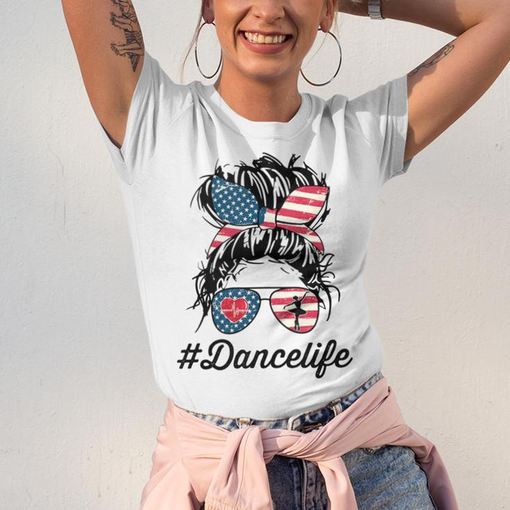 Womens Dance Life Mom Messy Bun American Us Flag 4Th Of July Unisex Jersey Short Sleeve Crewneck Tshirt