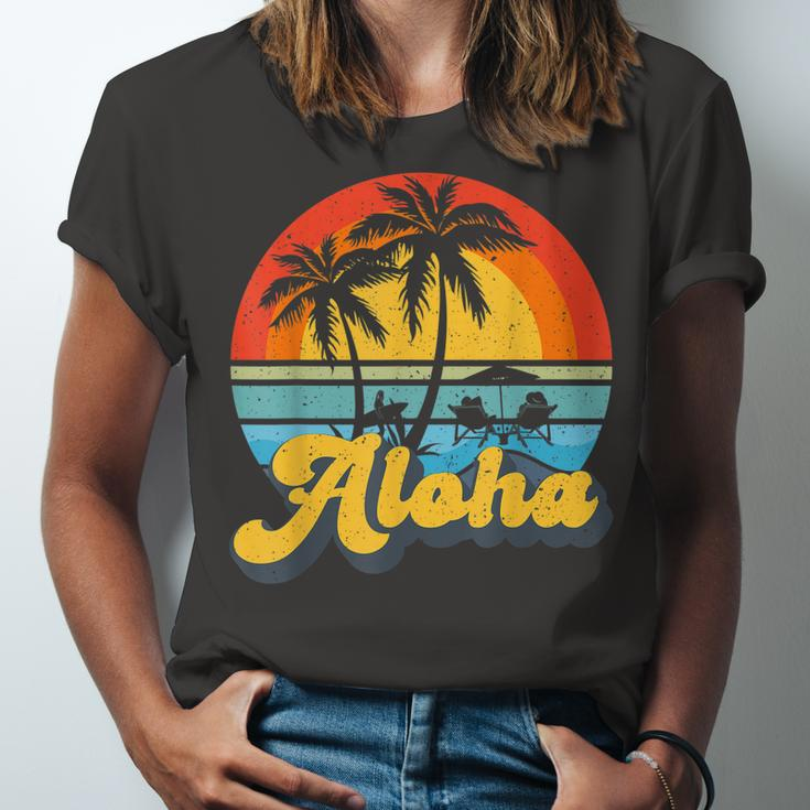 Aloha Hawaii Hawaiian Island Vintage Palm Tree Surfboard V2 Unisex Jersey Short Sleeve Crewneck Tshirt