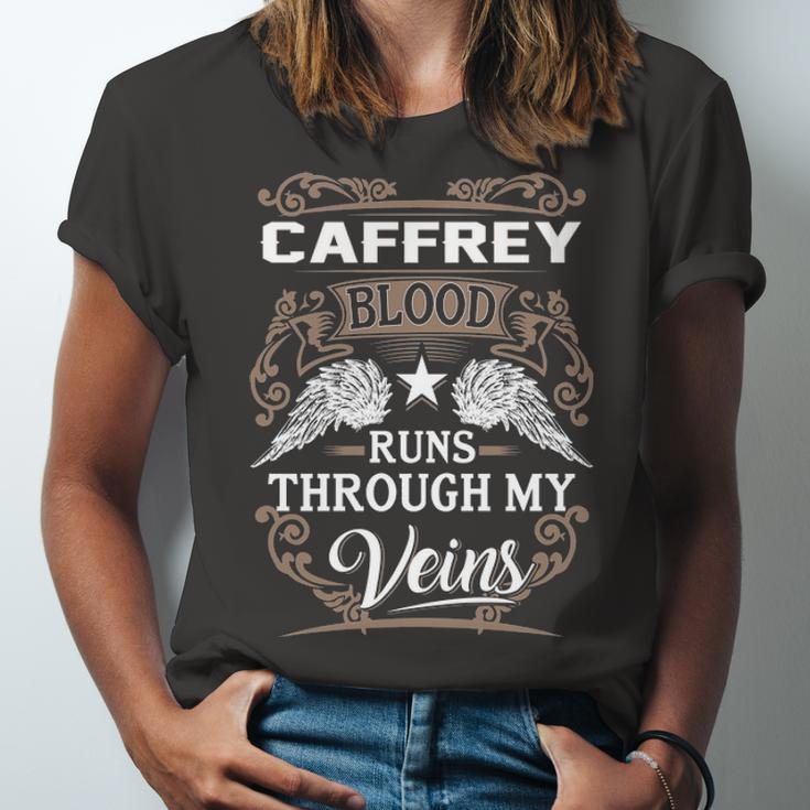 Caffrey Name Gift Caffrey Blood Runs Through My Veins Unisex Jersey Short Sleeve Crewneck Tshirt