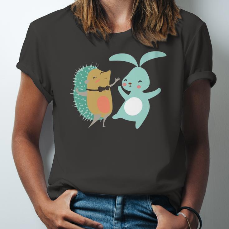 Cute Dancing Hedgehog & Rabbit Cartoon Art Jersey T-Shirt