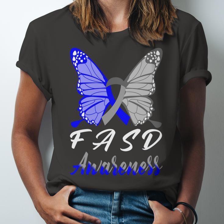 Fasd Awareness Butterfly Blue And Grey Ribbon Fetal Alcohol Spectrum Disorder Fetal Alcohol Spectrum Disorder Awareness Unisex Jersey Short Sleeve Crewneck Tshirt