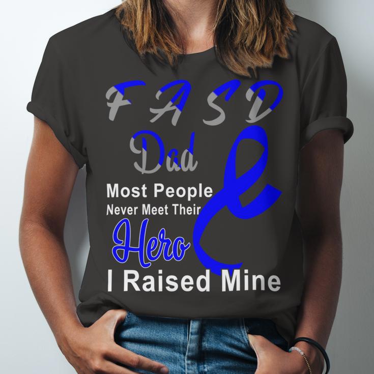 Fasd Dad Most People Never Meet Their Hero I Raised Mine Blue And Grey Ribbon Fetal Alcohol Spectrum Disorder Fetal Alcohol Spectrum Disorder Awareness Unisex Jersey Short Sleeve Crewneck Tshirt