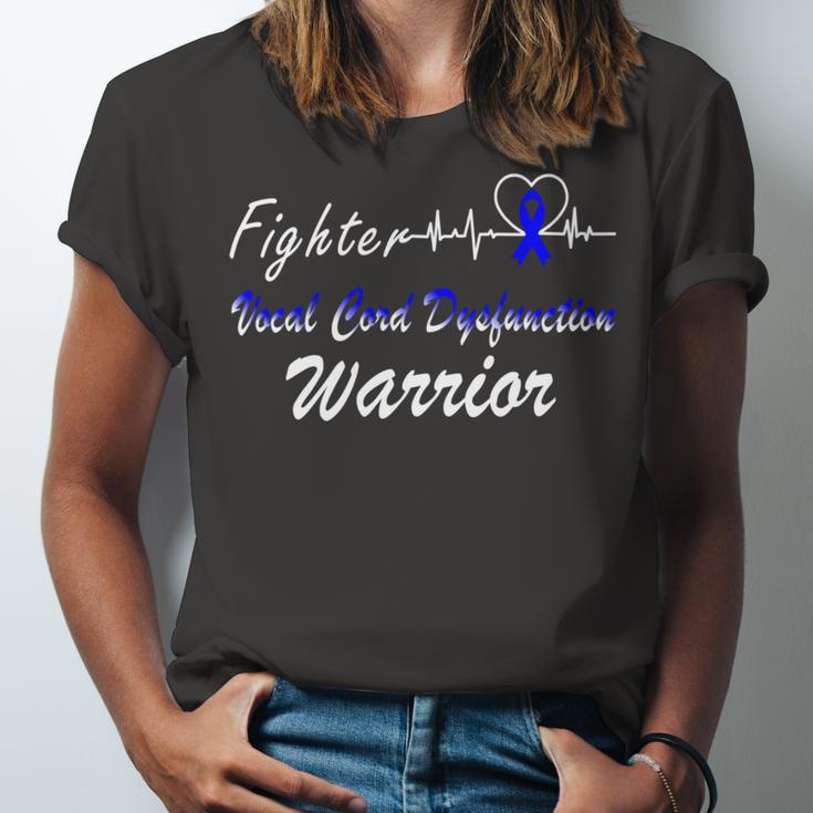 Fighter Vocal Cord Dysfunction Warrior Heartbeat Blue Ribbon Vcd Vocal Cord Dysfunction Awareness Unisex Jersey Short Sleeve Crewneck Tshirt