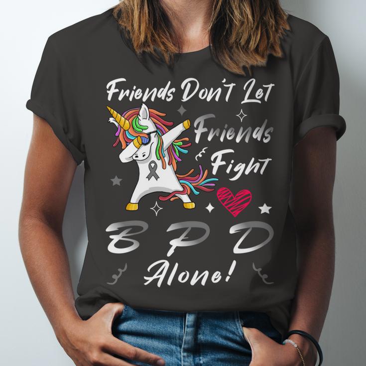 Friends Dont Let Friends Fight Borderline Personality Disorder Bpd Alone Unicorn Grey Ribbon Borderline Personality Disorder Bpd Awareness Unisex Jersey Short Sleeve Crewneck Tshirt