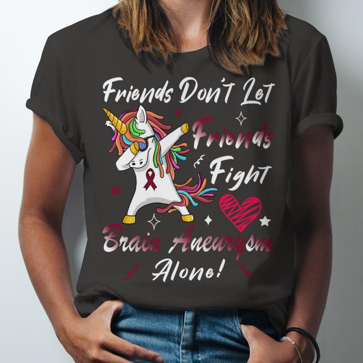 Friends Dont Let Friends Fight Brain Aneurysm Alone Unicorn Burgundy Ribbon Brain Aneurysm Bpd Brain Aneurysm V2 Unisex Jersey Short Sleeve Crewneck Tshirt