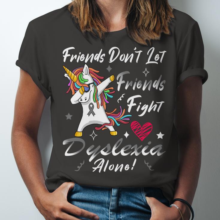 Friends Dont Let Friends Fight Dyslexia Alone Unicorn Grey Ribbon Dyslexia Dyslexia Awareness Unisex Jersey Short Sleeve Crewneck Tshirt