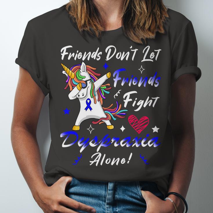 Friends Dont Let Friends Fight Dyspraxia Alone Blue Ribbon Unicorn Dyspraxia Dyspraxia Awareness Unisex Jersey Short Sleeve Crewneck Tshirt